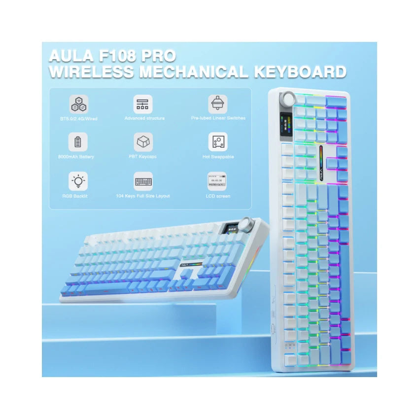AULA F108 Pro – Full-Size Механична Клавиатура с Екран и Контролен Бутон